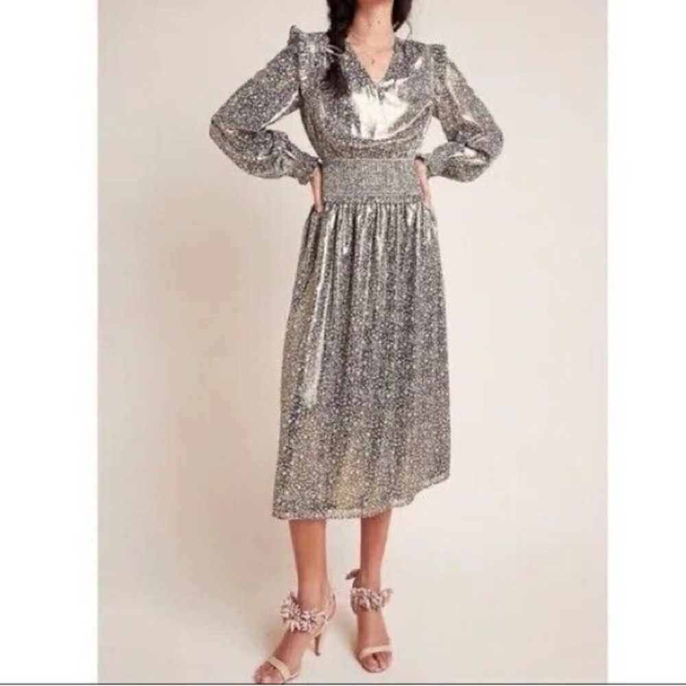 Current Air Lucia Shimmer Anthropologie Shimmer Dress Midi Smocked NWT Silver